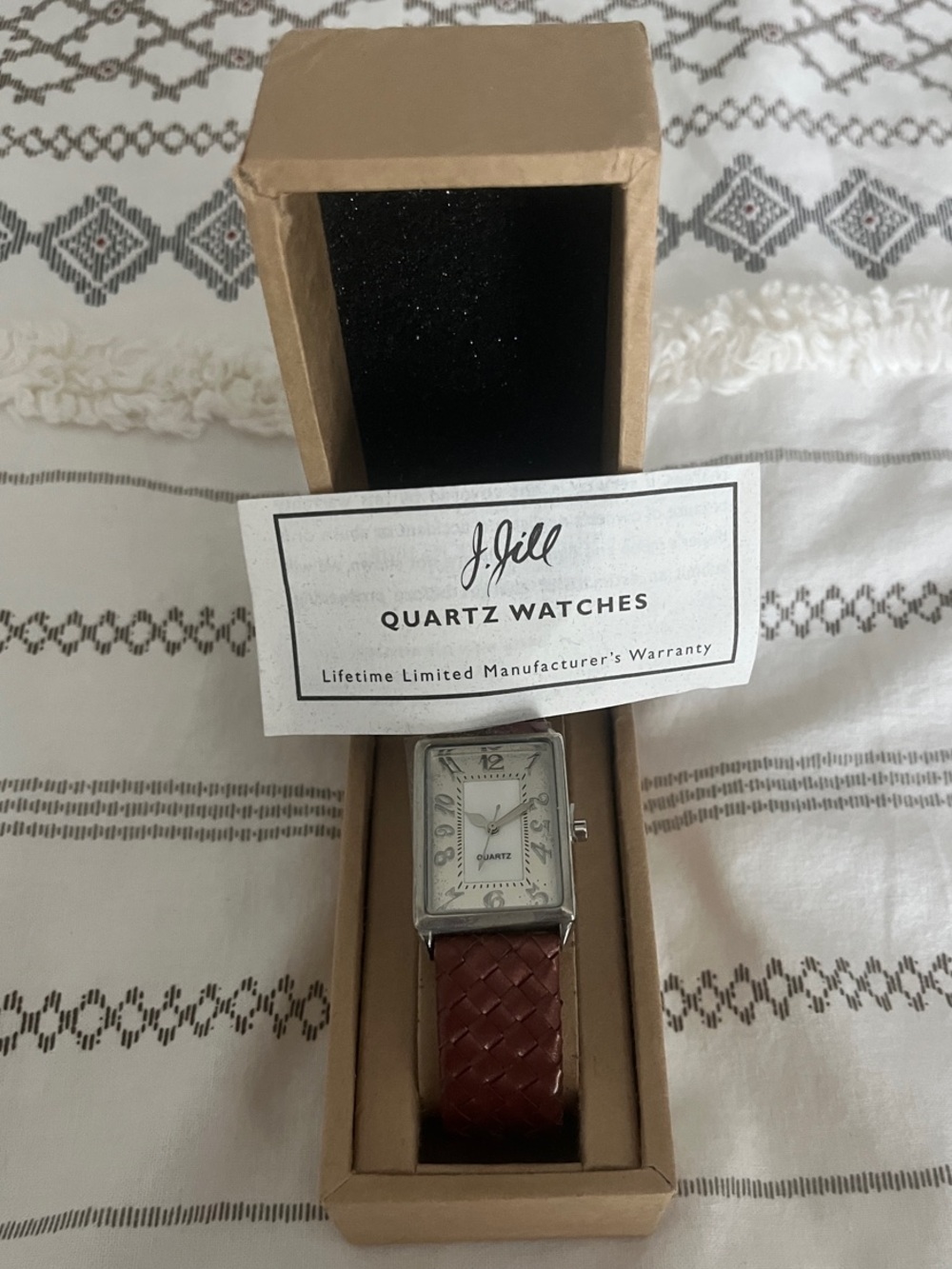 J. Jill: Silver-Tone Rectangular Watch with Brown Braided Strap